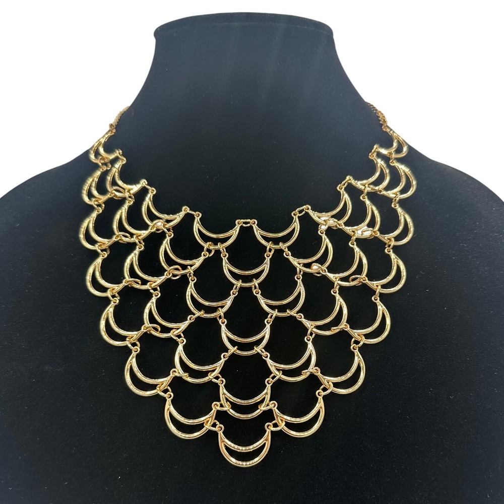 INC Bib Necklace Women OS Gold Statement Scalloped Tiered Crescent Link EXCL
